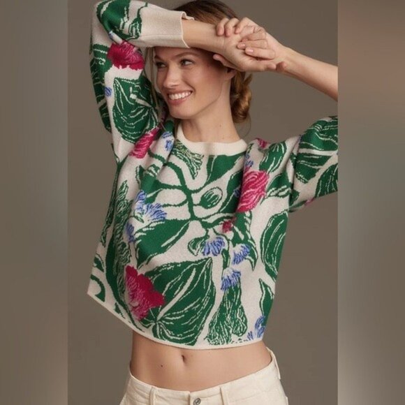 NWT Size M (P2P 22") -The Camryn Cropped Crewneck Sweater by Maeve (NWT US$ 98) - Picture 1 of 16